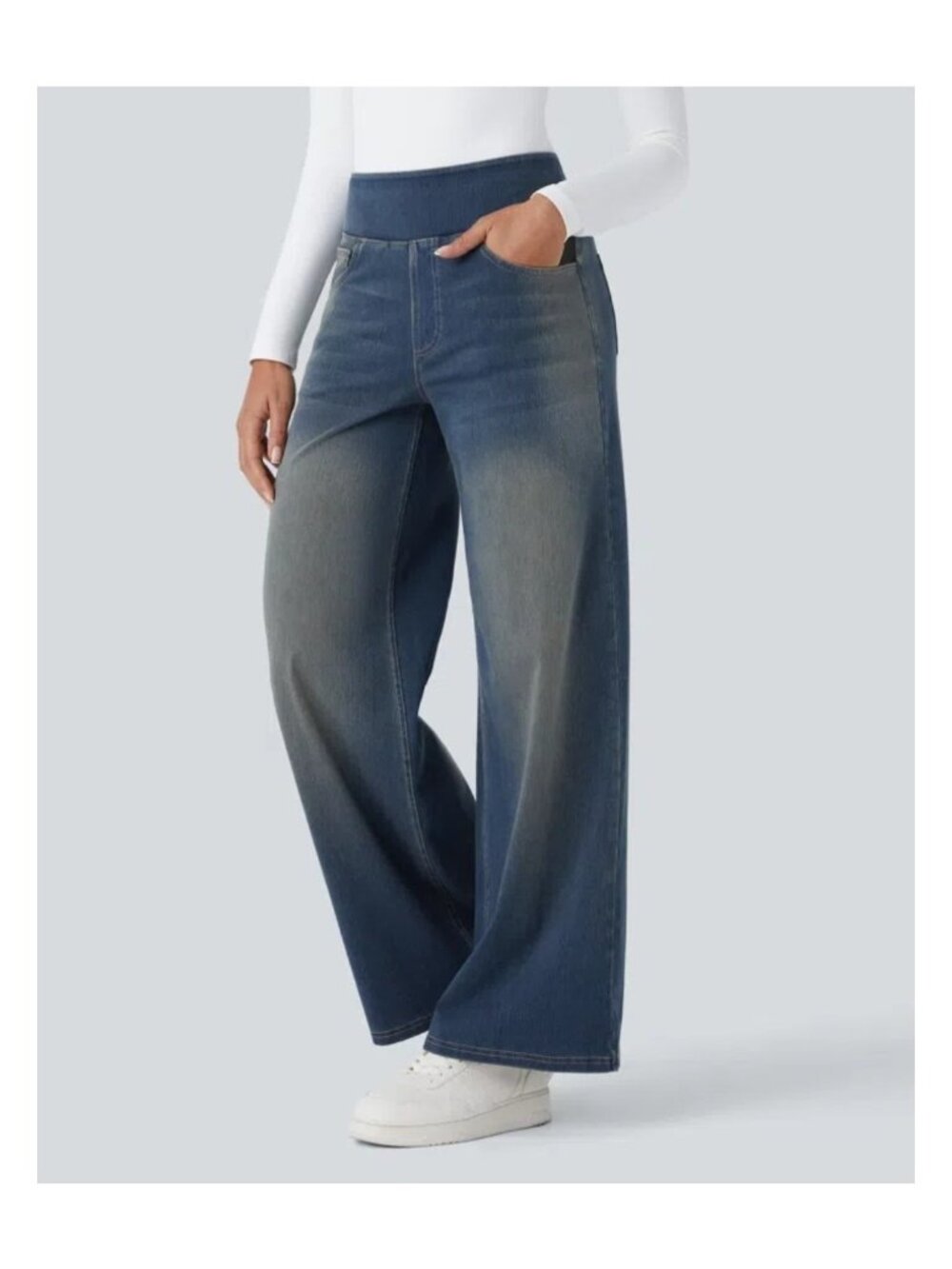 NWT Halara Xsmall Flex High Waisted Pull On Baggy Wide Leg Jeans Cement Blue 043